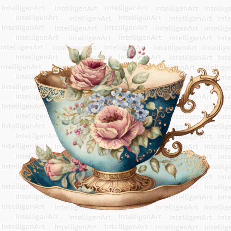 Watercolor Vintage Teacup Clipart Antique Tea Time Charm PNG Etsy