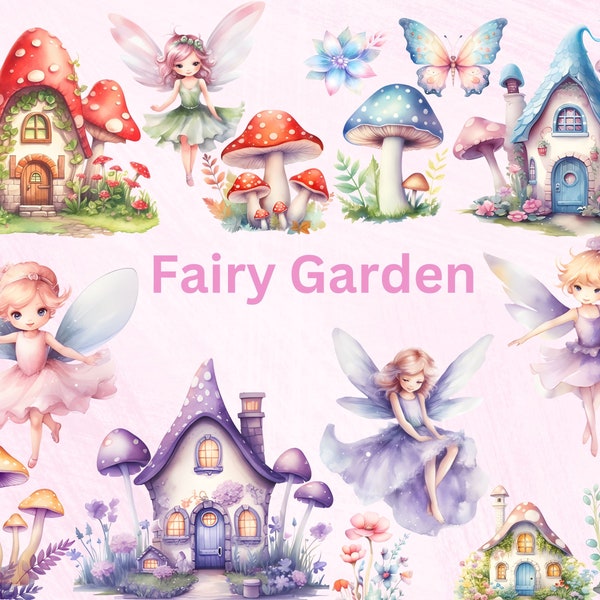 Fairy Garden Watercolor Clipart, Fairies PNG Clipart, Fairy House Clipart, Enchanted Garden, Fairy Clipart, Magical Garden Fairy, Scrapbook
