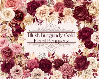Blush Burgundy Gold Flowers Clipart - Burgundy Floral Bouquet Art | Pink Floral Clipart | Watercolor Wedding Flowers | Gold Floral Elements