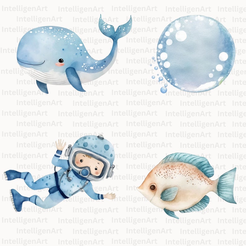 Undersea Watercolor Clipart Bundle Nursery Decor, Baby Wall Art, Cute Ocean Animals PNG, Baby Shower, Octopus, Jellyfish, Whale, Seahorse image 4