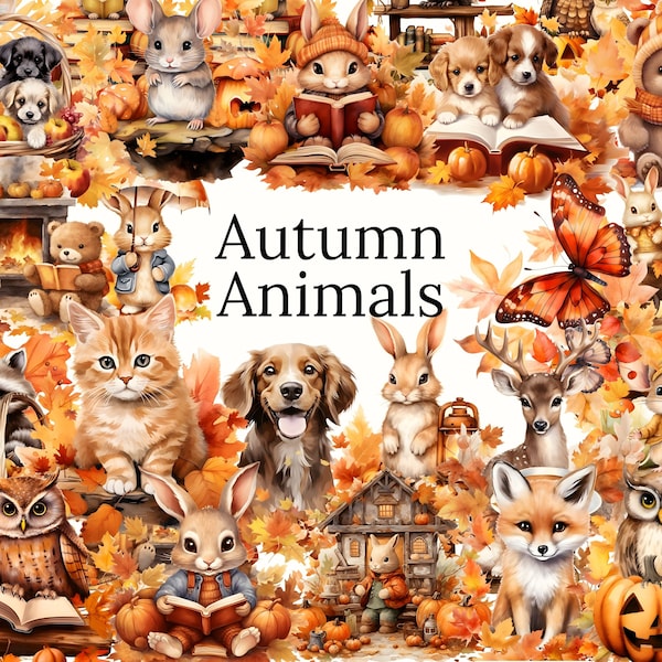 Autumn Animals Clipart - 400+ Cute Fall Animal Images, Cute Pet Illustrations, Adorable Animal Clipart, Autumn Elements Clipart, Digital Art