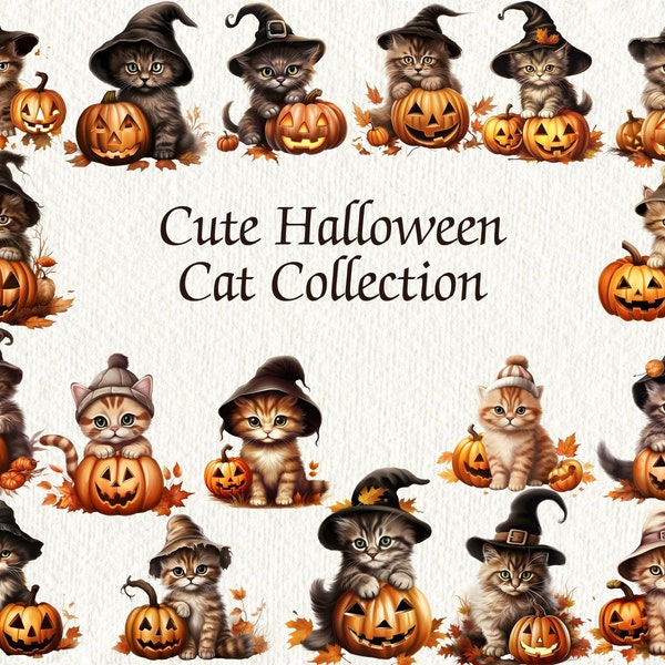 Cute Halloween Cat Clipart - Halloween Black Cat Clipart, Witch Cat Clipart, Spooky Pumpkins, Halloween Animals Clipart, Watercolor Kitten