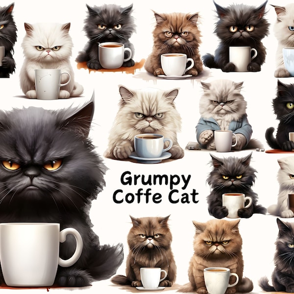 Grumpy Coffee Cat Clipart, Angry Cat Clipart, 25+ Moody Cat Images, Funny Cat Clipart, Printable Commercial Use, Instant Digital Download