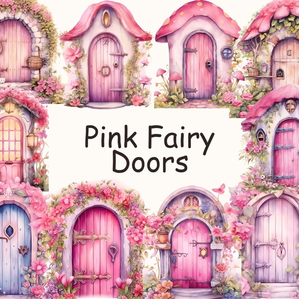 Pink Fairy Doors Clipart - Magical Door Graphics, Fantasy Illustration, Pink Fairy Clipart, Fairy Garden Clipart, Digital PNG Commercial Use