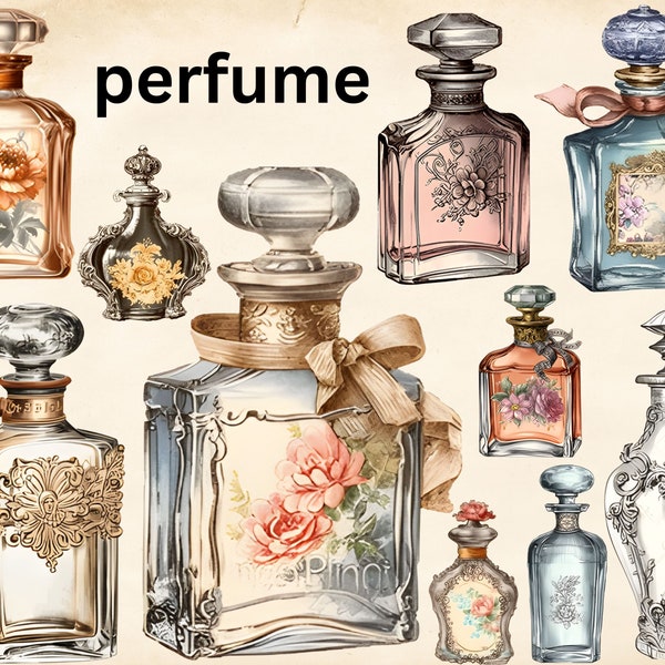 Vintage Perfume Bottles Clipart, Elegant Perfume Collection with Fragrance Bottle Art, Digital Perfume Bottle Designs, Fashion Illustrations