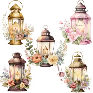 Watercolor Cottagecore Lanterns with Floral Designs Lamps Clipart PNG Antique Lamp Instant Download for Commercial Use Victorian Lamp image 3