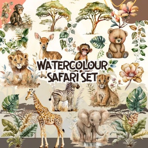 Watercolor Safari Animals Clipart Bundle: Elephants, Lions, Tigers, Giraffes, Zebras, Jungle Graphics Set, Nursery Art, Instant Download PNG