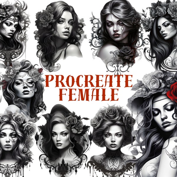 Gothic Female Procreate Stamps, Gothic Girl Brush Stamp, Female Portrait, Realistic Girl Silhouette, Tattoo Design, Digital Female Procreate