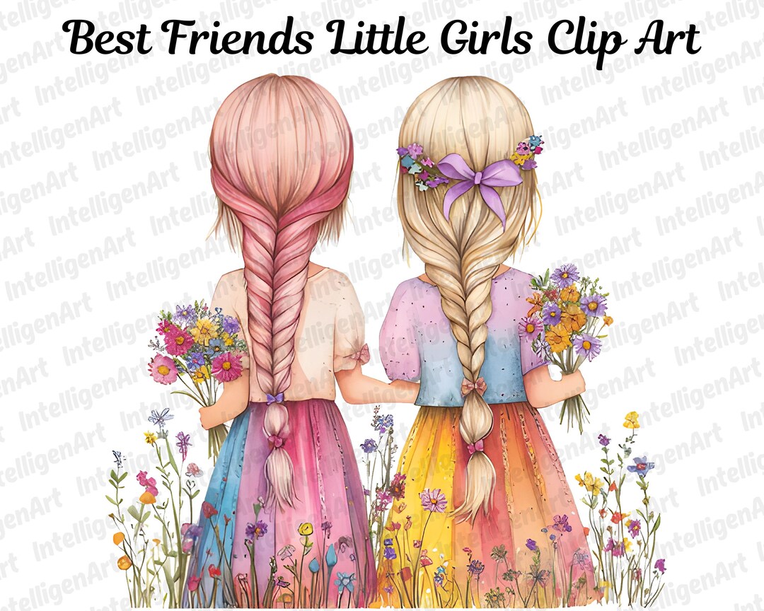 Best Friends Little Girls Clipart, Watercolor Cute Best Friends Clipart ...