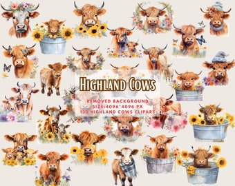 130 Highland Cow Clipart - Watercolor Wildlife Art, Baby Cow, Baby Animals, Farmhouse, Rustic cow, Boho Nursery Decor - Commercial Use PNG