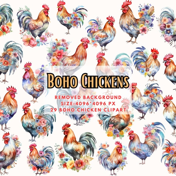 Boho Chicken Clipart - Watercolor Floral Chickens, Chicken with Flowers, Farm Animals, Cute Chickens, Animal Clip art - Commercial Use PNG