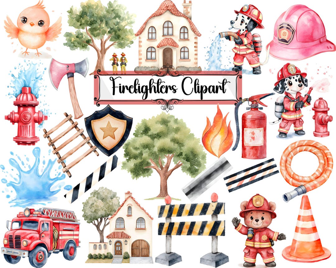 Firefighter Clipart, Cute Animal Fire Truck Nursery Art, Fireman Baby