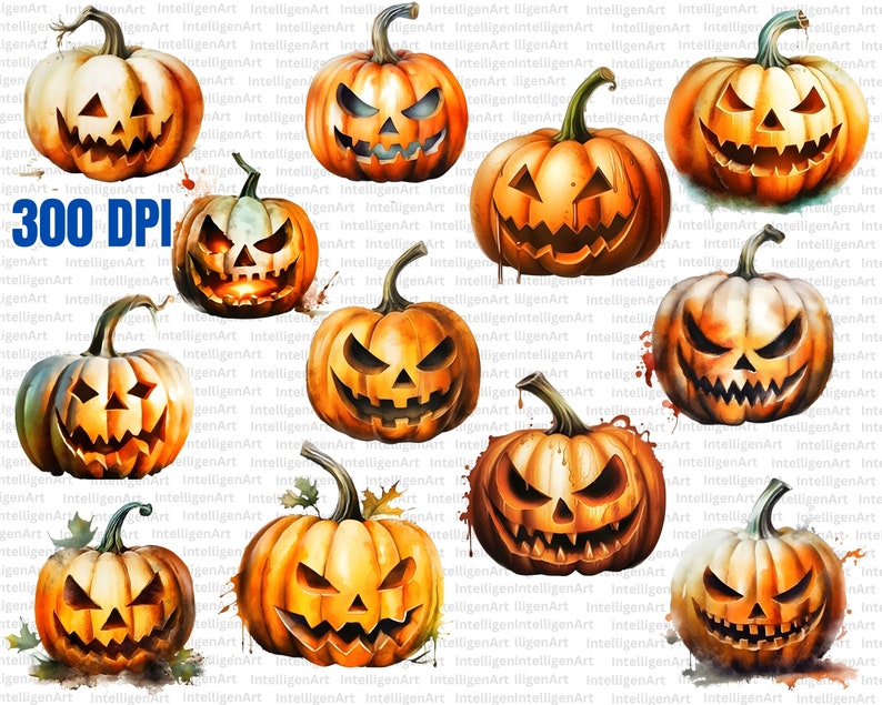 Watercolor Halloween Pumpkin Clipart PNG Pumpkin Jack O Lantern Png, Cute Halloween Clip Art, Spooky Pumpkin Png Commercial Use PNG image 2