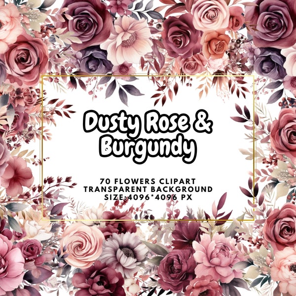 Elegant Dusty Rose and Burgundy Vintage Flowers PNG, Watercolor Floral Clipart Bouquets, Floral Elements, Shabby Chic Style - Commercial Use