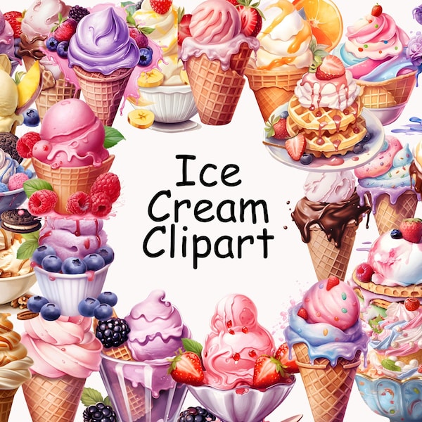 Eiscreme Clipart - Aquarell süße Leckereien, süße Sommer Clipart, Dessert Clipart, Eistüte PNG, Eisportionierer Clipart, Essen Clipart