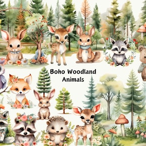 Boho Waldtiere Clipart, Safari-Tiere Clipart, Bär, Fuchs, Waschbär, Igel, Hirsch, Dschungel-Grafiken, süße Tiere Png, Kinderzimmer-Kunst