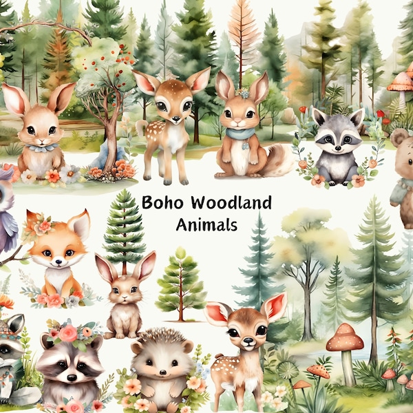 Boho Woodland Animals Clipart, Safari Animals Clipart, Bear, Fox, Raccoon, Hedgehog, Deer, Jungle Graphics, Cute Animals Png, Nursery Art