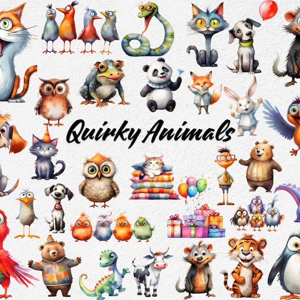 Quirky Animals Clipart, Whimsical Animals Designs, Funny Animals PNG, Silly Animals Clip Art, Cute Safari Animals, Playful Graphics Nursery