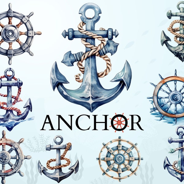 Anchor Clipart - Watercolor Anchor Illustration, Nautical Decor Clipart, Ship Wheel Clipart, Anchor and Wheel Art for Digital Download