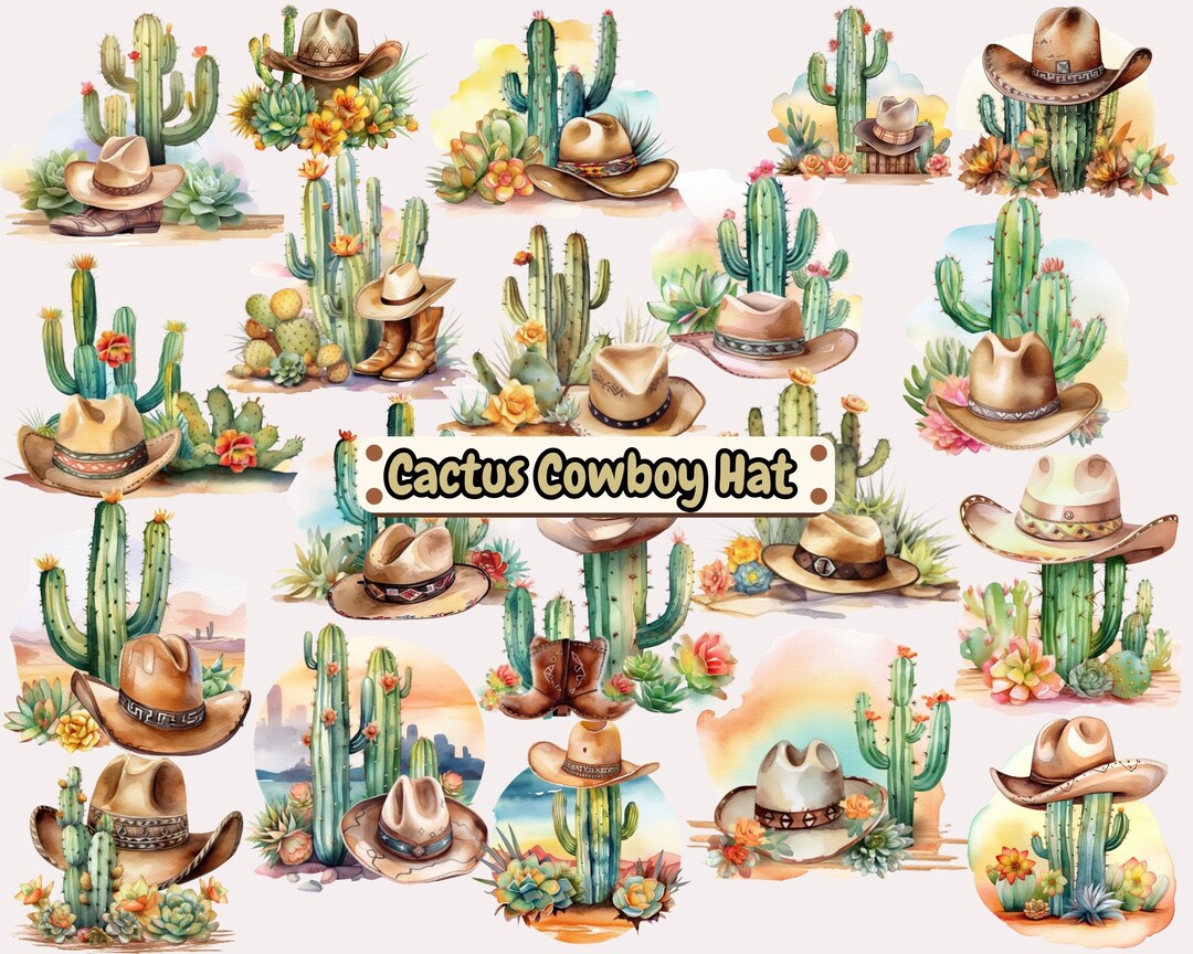 Cactus Cowboy Hat Clipart Plant Clipart, Watercolor Cactus, Indoor