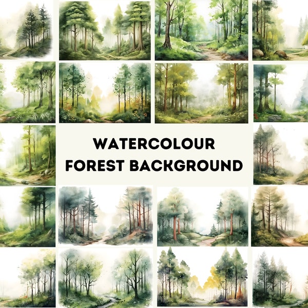 Forest Background Clipart - Watercolor Forest Clipart | Forest Collage | Woodland Clipart | Forest Scene | Hiking Trail, Pine Forest Clipart