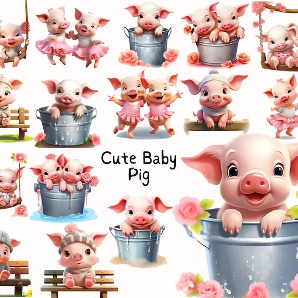 Cute Baby Pig Clipart, Funny Pig Clipart, Piglet Clipart, Happy Pig Clipart, Funny Animal Clipart, Cute Animals Sublimation, Commercial Use