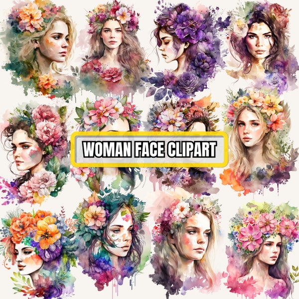 Aquarelle femme Clipart, fleur visages Clip art Bundle belles filles modèle Boho Floral Fashion Illustration Queen Victoria Lady PNG