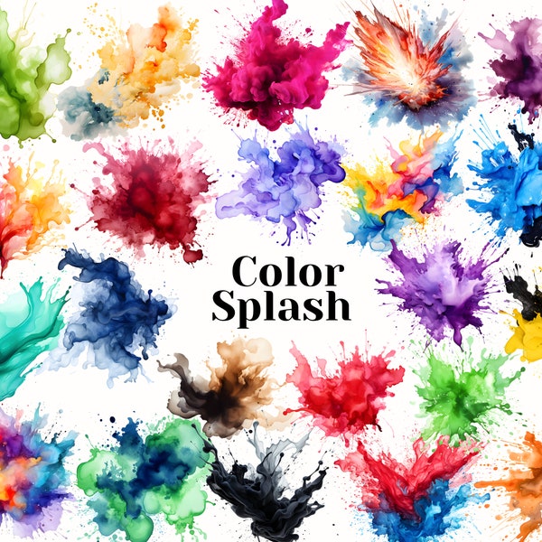 Watercolor Color Splash Clipart, 265+ Paint Splatter Clipart, Abstract Clipart, Colorful Scrapbook Design, Commercial Use, Instant Download