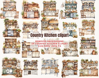 Country Kitchen clipart-Watercolor Farmhouse Kitchen, Rustic Kitchen Vintage Cottage Clipart, Cottagecore,Cottage Kitchen-Commercial Use PNG