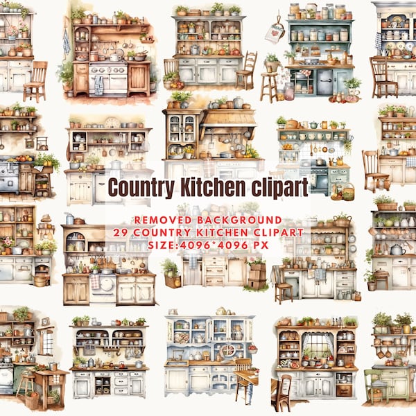 Country Kitchen clipart-Watercolor Farmhouse Kitchen, Rustic Kitchen Vintage Cottage Clipart, Cottagecore,Cottage Kitchen-Commercial Use PNG