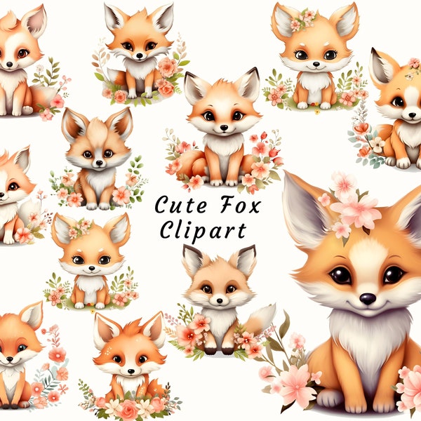 Watercolor Cute Fox Clipart Bundle, Adorable Woodland Animals, Floral Baby Fox Design, Baby Shower Decor, Fox Nursery Art, Commercial Use