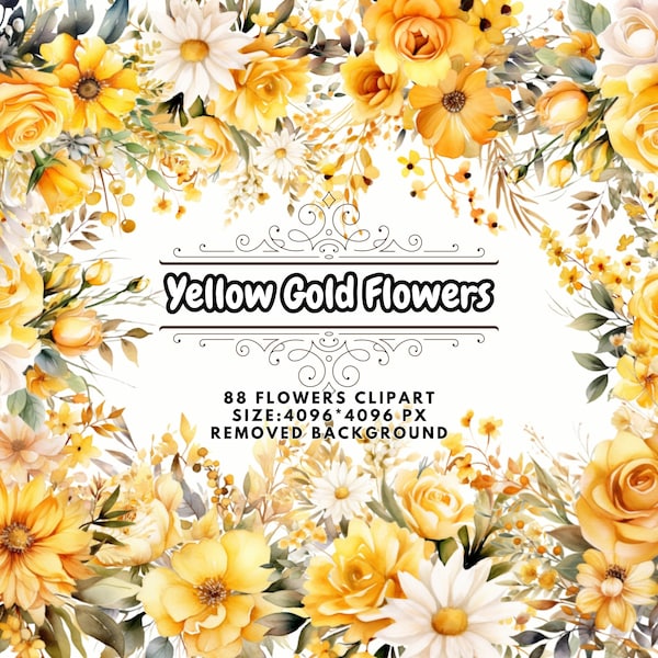 Golden Yellow Flowers Clipart Watercolor Digital Art Floral Illustrations Bouquets, Wreaths, and Elements-For Sublimation-Commercial Use PNG