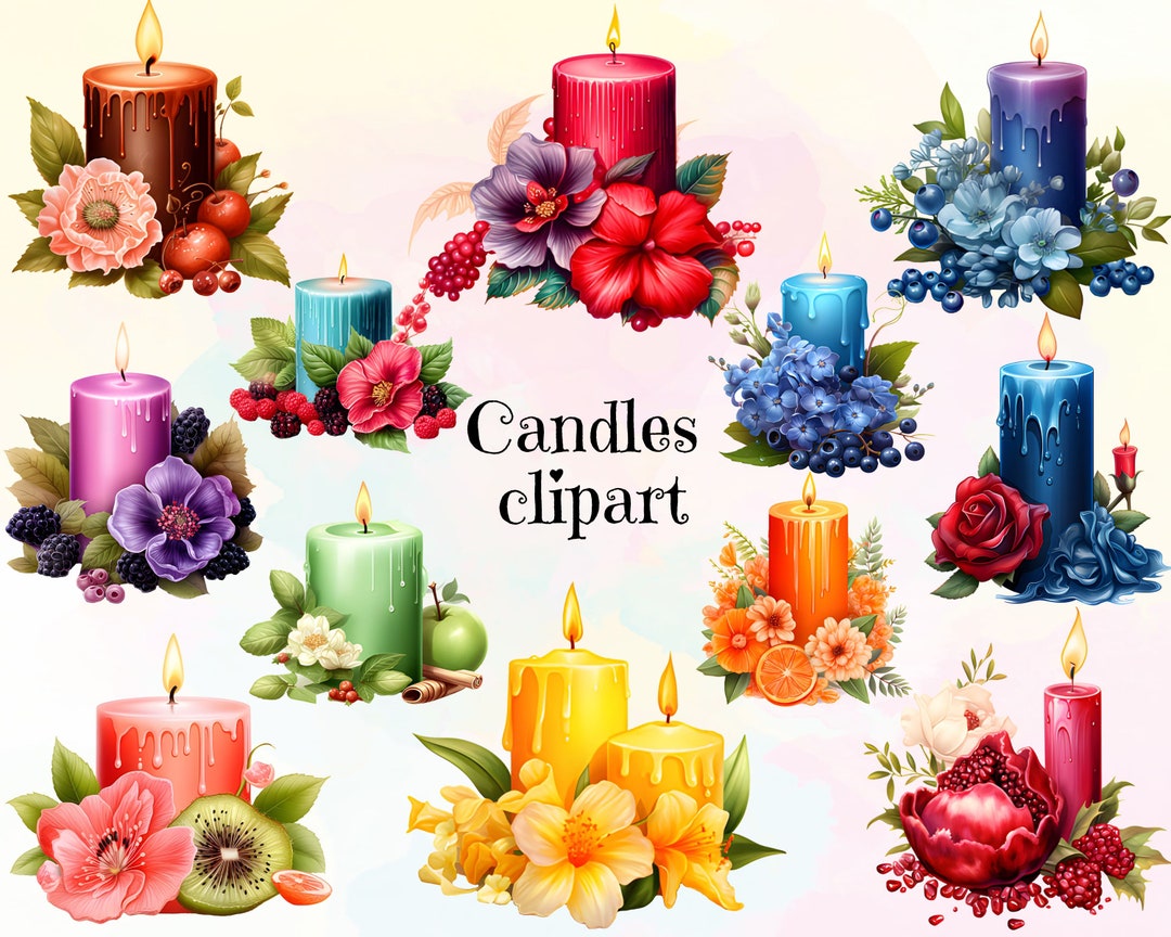Floral Candle Clipart, Flower Candle Images, Autumn Candle Decor