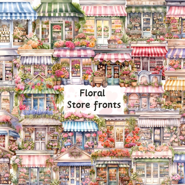 Floral Storefronts Watercolor Clipart, Flower Spring Shop PNG, Botanical Shop Front Clipart, Flower Store Front Clipart, Commercial Use PNG
