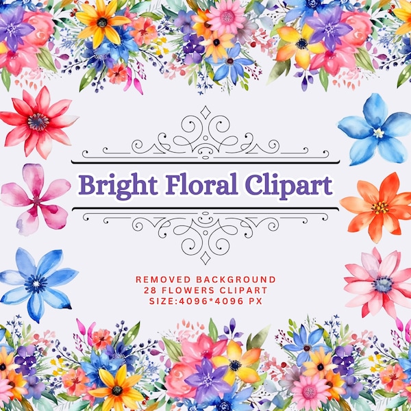 Bright Flower Clipart Watercolor Floral Clip Art Spring Wreath Bouquet, Bold Frame Colorful Commercial Use, Digital clipart Summer PNG