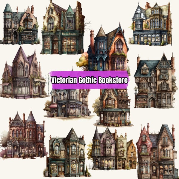 Viktorianische Gothic Buchhandlung Aquarell Clipart Bundle - Buchladen Gebäude, Gothic Shop PNG, Scrapbooking, printable, Vintage, klassische Kunst