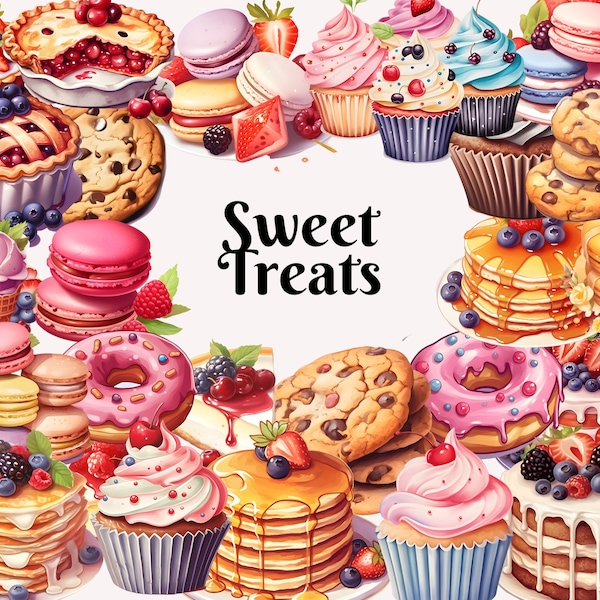 Sweet Treats Clipart - 100+ Dessert Clipart, Cupcake Graphics, Chocolate Clipart, Digital Food Art, Cute Candy Clipart, Commercial Use PNG