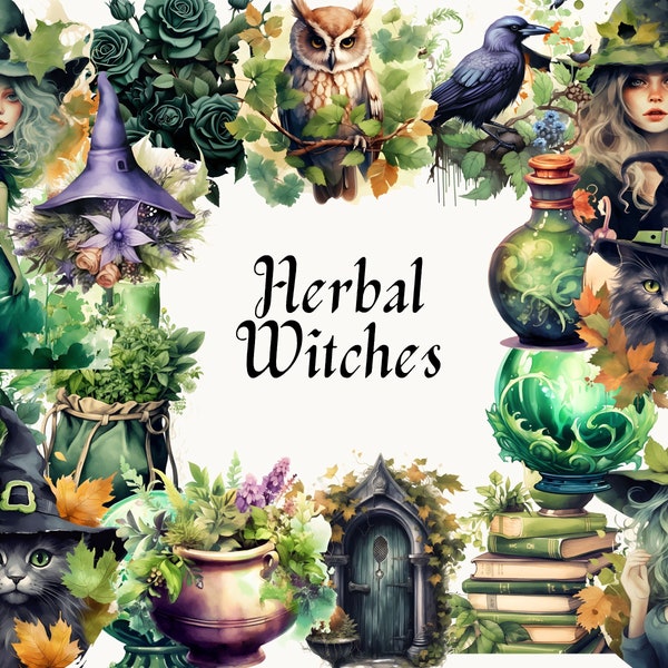 Herbal Witch Clipart - 130+ Witch Clipart, Herbal Green Witches, Witch Fantasy Clipart, Magic Herb Witch Clipart, Witch PNG, Junk Journal