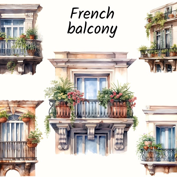 Balcony Clipart - French Balcony Clipart, Balcony Table, Window Clipart, Boho Balcony, Architecture Clipart, Greenhouse Balcony, Digital Art