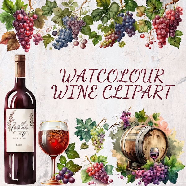 Watercolor Wine Clipart Set - Red and Green Grapes, Glasses, Bottles, and Cheese PNG Graphics for Celebrations, Weddings, and Parties