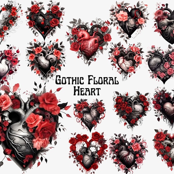 Gothic Floral Heart Clipart, Gothic Valentines Clipart, Valentines Day Clipart, Flower Heart Valentine Illustrations, Dark Romance Clipart