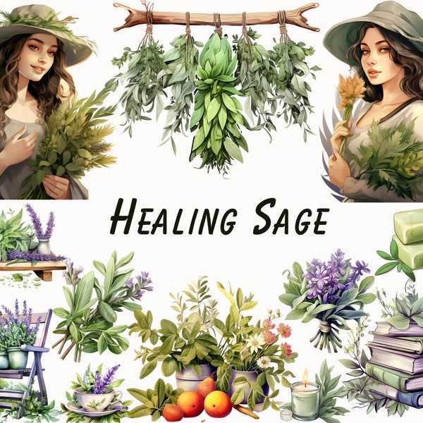Healing Sage Clipart - Greenery Clipart, Herbal Greens Clipart, Sage Clipart, Herbs Clipart, Gardening Clipart, Junk Journal, Scrapbooking
