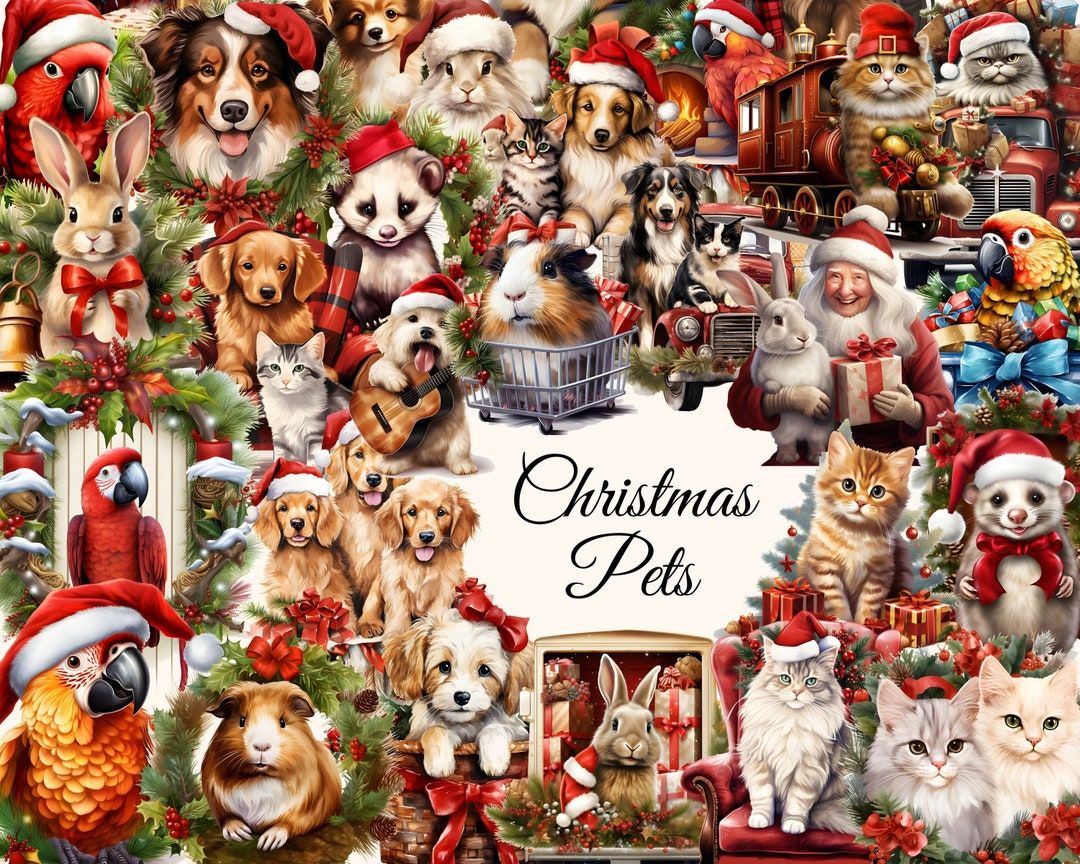 Christmas Pets Clipart 600+ Christmas Animal Images, Festive Dog Clipart, Holiday Cat Clipart