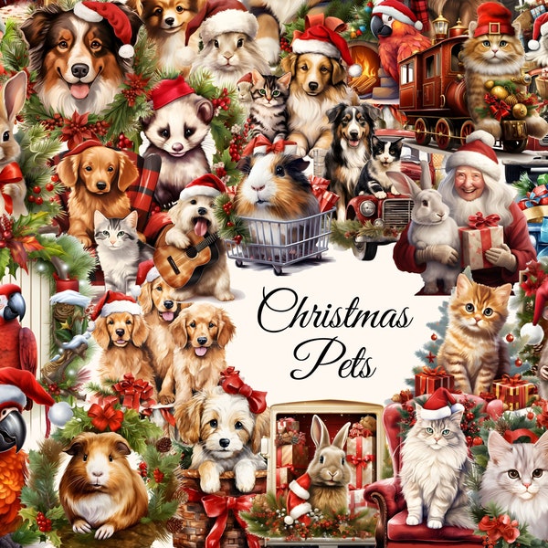 Christmas Pets Clipart - 600+ Christmas Animal Images, Festive Dog Clipart, Holiday Cat Clipart, Santa Hat Animals Clipart, Commercial Use