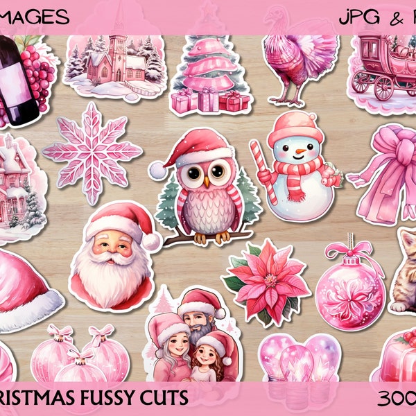 Pink Christmas Fussy Cuts, Christmas Clipart, Junk Journaling Printable Ephemera Stickers, Card Making Paper Craft Cut-outs for Scrapbooking