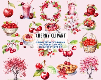 Cherry Clipart PNG - Watercolor Fruit Clipart,Cherry Fruit Trees,Cherry Blossoms Clipart,Cherry Pie,Hand Painted Cherries-Commercial Use PNG