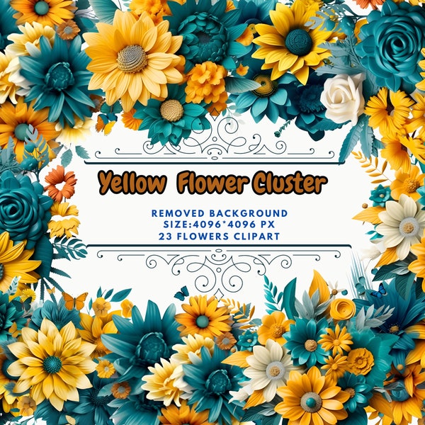Teal and Yellow Flower Clusters Clipart - Turquoise and Gold Floral Clip Art, Flower Clusters Png, Bright Floral Clipart -Commercial Use Png