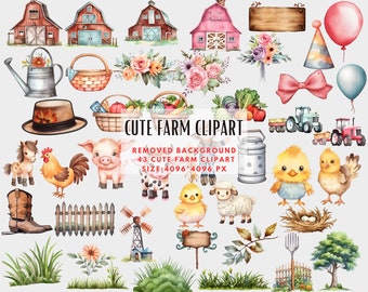 Cute Farm Clipart PNG - Watercolour Bundle - Barn Clip Art, Farm Animals, Horse, Chicken, Cow, Pig, Flowers - Nursery Decor, Baby Shower PNG