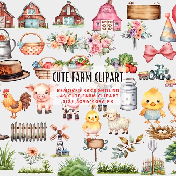 Cute Farm Clipart PNG - Watercolour Bundle - Barn Clip Art, Farm Animals, Horse, Chicken, Cow, Pig, Flowers - Nursery Decor, Baby Shower PNG