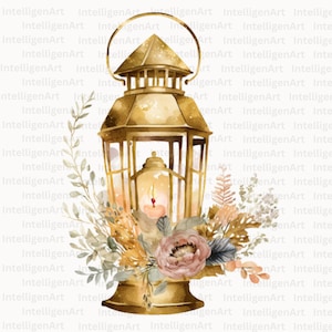 Watercolor Cottagecore Lanterns with Floral Designs Lamps Clipart PNG Antique Lamp Instant Download for Commercial Use Victorian Lamp image 7